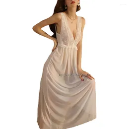 Women's Sleepwear Sexy Lingeries Gauze See-through Long Nightdress Sweet Lace Sleepdress Ankle Length V Neck Backless Maxi Nightgown Woman