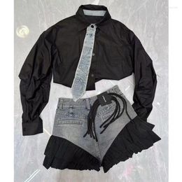 Women's Tracksuits Personalized Fashion Two-Piece Suit Long Sleeve Shirt Lace Denim Shorts Pants Clothing