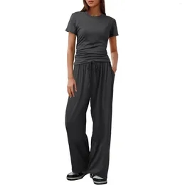 Women's Two Piece Pants Women 2 Casual Suit Pleated Short Sleeve Top And High Waisted Wide Leg Tracksuit Basic Set Loose Simple Suits