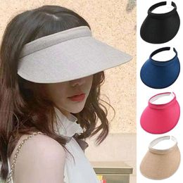 Wide Brim Hats Large Sun For Women Breathable Linen Empty Top Hat Anti-UV Visor Cap Korean Girls Summer Outdoor Travel Beach Caps