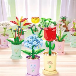 Decorative Flowers Artificial Rose Building Block Flower Assembled Handmade DIY Ornaments Toys Fake For Home Room Decor Kids Gifts