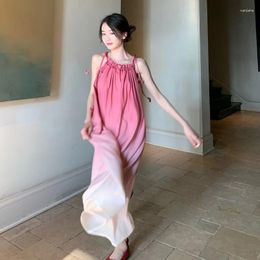 Casual Dresses French Style Elegant Sweet Cute Gradient Pink Spaghetti Straps Maxi For Women Summer Loose Vacation Aesthetic Long Dress