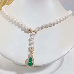 Chains 50CM Emerald Gourd Buckle Y-shaped Chain 7-8mm Natural Freshwater Flawless Potato Pearl Long Necklace Zhuji