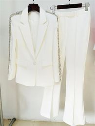 Luxury Women Formal Pants Set Black White Diamond Crystal Slim Fit Blazer Flare Suit Office Lady Business Two Pieces Sets 240423