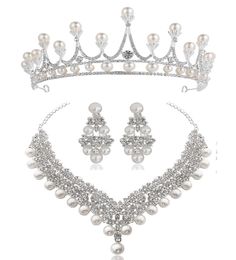 White Crystal Pearl Crown Earrings Necklace Jewellery Sets Bridal Wedding Jewellery Elegant Fashion Cubic Zirconia diamond jewelry8460656