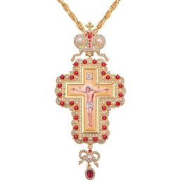 whole Hop 120cm Long Necklace Pearl Crystal Cross Necklace Gold Color Orthodox Pectoral Enamel Bishop Encolpion Cross for Bish2361237