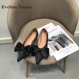 Dress Shoes Bow Satin Black Sandals Pointed Toe Flat With Pull On Women Pumps Solid Shallow Rubber Elegant Large Size Sweet Summer