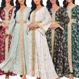 Ethnic Clothing Women Muslim Abaya Dress Patchwork Printed Long Sleeve Arabic Saudi Turkish Islamic Party V Neck Kaftan Robe