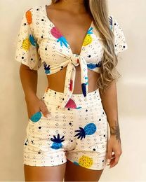 Sexy Women Set Casual Printing Short Sleeve T-shirt and High Waist Shorts Two Piece Sets Womens Outifits Bare Ones Belly Button 240429