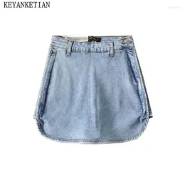 Women's Jeans KEYANKETIAN 2024 Launch High-waisted Denim Culottes Pantskirt Spicy Girl Patchwork Side Zipper Slim Shorts Y2K