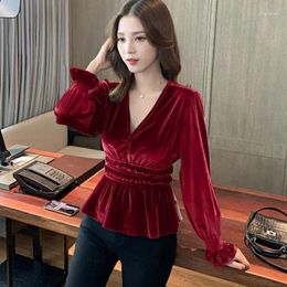 Women's Blouses Blouse Flounced Long-Sleeved Shirt Loose V-neck Velvet Top Blusas Ropa De Mujer