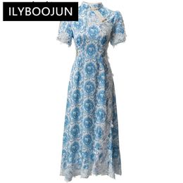 ILYBOOJUN Fashion Spring Vintage Print Dress Womens Stand Collar Short Sleeve Beading Button Chinese Style Backless Dress 240429