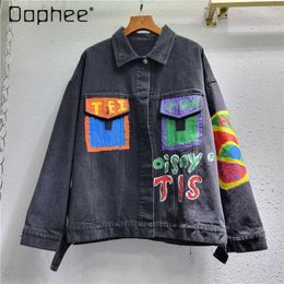 Fashion Painted SingleBreasted Polo Collar Denim Jacket Womens Clothing Spring and Autumn Loose Casual Short Coat 240423