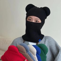 Neue Balaclava -Hut Herbst und Winter gestrickt Pullover Mütze Bären Ohren im Freien warme Reiten Windschutz integrierter Schal Mütze Hüte