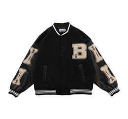 Hip Hop Baseball Jacket Men Furry Bone Letter Patch Color Leather Sleeve College Style Streetwear Harajuku Bomber Jacket Coat 20122838100