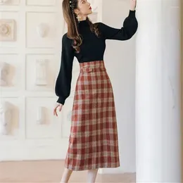 Skirts Korean Fashion Solid Color Knitted Sweater Vintage Plaid Long Women's Autumn Winter Two Sets Skirt Women Clothing