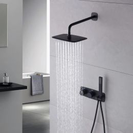 Black brass shower system wall mounted design with two handles for dual control of hot and cold 3-function shower set