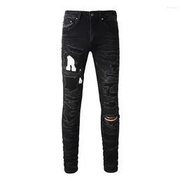 Men's Jeans The S USA Drip Distressed Boys Skinny Stretch Stretwear Letters Embroidered Black Ripped With Tags