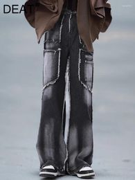 Women's Jeans Vintage Trendy Patchwork Pockets Straight 2024 Summer Fashion High Waist Wide Leg Denim Pants Female 29L7481