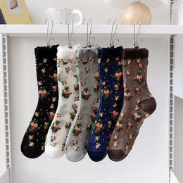 Women Socks Sexy Lace Flower Korean Fashion Harajuku Vintage Long Floral Embroidery Sweet Girls Kawaii Cute Ruffle