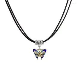 Pendant Necklaces Vintage Blue Black Butterfly Necklace For Women Punk Fashion Leather Rope Choker Trendy Clavicle Chain