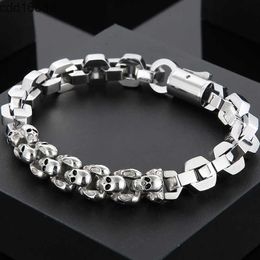 Charm Bracelets Mens 14K White Gold Skull Head Bracelet For Men 10MM Chain On Hand Bracelets Massive Male Biker Gothic Jewelry