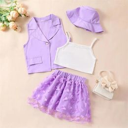 Clothing Sets 2-8years Girl 4 Piece Outfit Sleeveless Camisole And Butterfly Skirt Button Vest Coat Cute Hat Set For Girls Summer Clothes