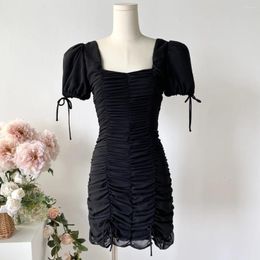 Party Dresses Foreign Trade Original Order European And American Sweet Spicy Ins Small Pleated Design Square Neck Thin Summer Black