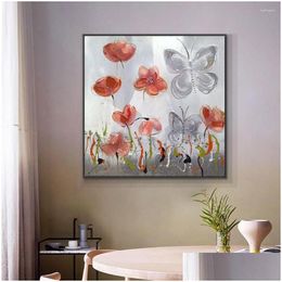 Paintings Abstract Flowers With Butterfly Painting On Canvas Hand Painted Oil Handmade Decorative Wall Art Forliving Room Drop Delive Dhskg