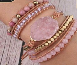 Natural Stone Bracelet Pink Quartz Leather Wrap Bracelets for Women Rose Gems Crystal Beads Bohemia Jewelry 5 Strand4020464