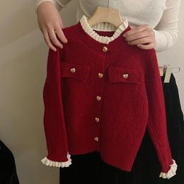 Clothing Sets 2024 Girls Spring Autumn Red Top Knit Coat One Piece Fashion Loose Soft Wooden Ear Edge Splicing Heart Buckle Oudoor
