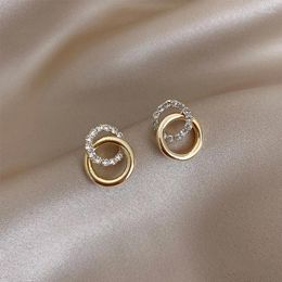 Stud Earrings Korean Simple Double Circle Gold Colour Metal Crystal For Women Fashion Exquisite Jewellery Friend Gifts