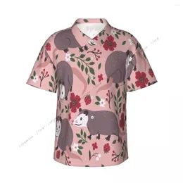 Men's Casual Shirts Shirt Cute Opossum Flowers Berries Short Sleeve Summer Men Turn-down Collar Button Clothing