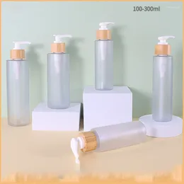 Storage Bottles Bamboo Wood Lotion Empty Bottle 100/120/150/200/250/300ml Frosted Transparent Pet Pump Press Shower Gel Shampoo Sub-Bottling