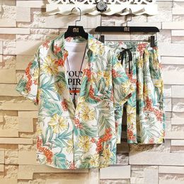 Hawaiian Summer Mens Quick Dry Short Sleeve Loose Beach Suit Couples Fashion Ruffian Shirt And Shorts Sets Men 2 Piece Outfits 240426