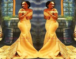 2023 African Nigerian Yellow Mermaid Prom Dresses Off Shoulders Lace Sequined Satin Evening Prom Gowns BA8405 GB1109S5466939