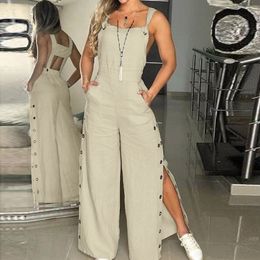 Women Summer Sleeveless jumpsuits Twisted Knot Cotton Strappy Button Openings Womens Jumpsuits Loose Long Pants With Pockets 240424