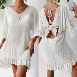 Women's Ruffled Half Sleeve Backless Crochet Butterfly Tunic Beach Bikini Cover Up Skirt Wear