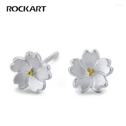Stud Earrings ROCKART 925 Sterling Silver With 14K Gold Plated Cherry Blossom For Women Romantic Japanese Spring Floral