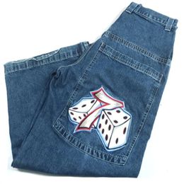JNCO Jeans Y2K Mens Hip Hop Dice Graphic Embroidered Baggy Retro Blue Pants Harajuku Gothic High Waisted Wide Trousers 240430