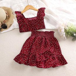 Clothing Sets 5-12 Years Cute Girl Red Flying Sleeve Square Collar Top & Skirt Fashion Stylish Summer Vacation Party Daily Casual