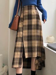 Skirts Plaid Long Women Vintage Irregular Woollen Midi Female Winter Warm High Waist Skirt Ladies Loose Retro A Line