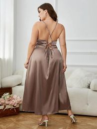 Plus Size Womens Sleeveless Criss Cross Backless Side Split Strappy Party Maxi Dresses Satin Sling Cowl Neck Solid Cami Robe 240419