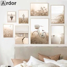 llpapers Beige Landscape Canvas Beach Wall Poster Bicycle Art Print Flower Wall Picture Sketching Nordic Poster Bedroom Decoration J240510