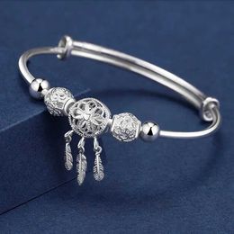 Chain Adjustable size 925 Sterling Silver Bangle cuff Dreamcatcher Tassel Feather Round Bead Charm Bracelet Jewellery For Women wedding H240504