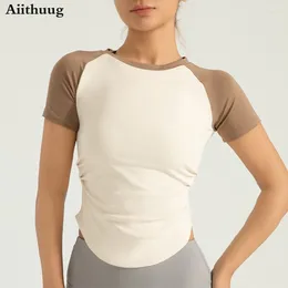 Active Shirts Aiithuug Fast Drying Contrasting Colour Pleated Yoga Tops With Waist Tightening And Slimming Effect Exercise Outdoor Fitness