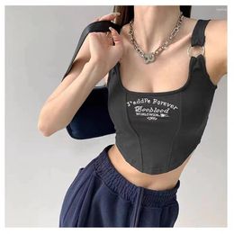 Women's Tanks Women Embroidery Letter Crop Tops With Bra Pad Casual Top Y2K Tank Shoulder Belt Iron Ring For Spring Summer