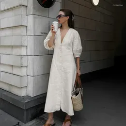 Casual Dresses Single-breasted Cotton Long Women Puff Sleeves Loose V-neck A-line Backless Three Quarter Commuting Beige