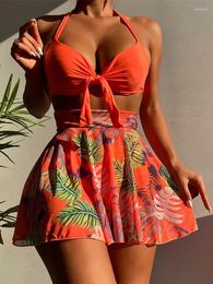 Women's Swimwear Flower Print 3-Piece Swimsuit Female Bikini Set Halter Bathing Suit Summer Beach Wear Women Cover Up Push Biquini