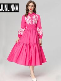 Casual Dresses JUNLINNA Spring Autumn Cotton Dress Women Turn-down Collar Long Sleeve Fashion Embroidery Vestidos Elastic Waist Sliming